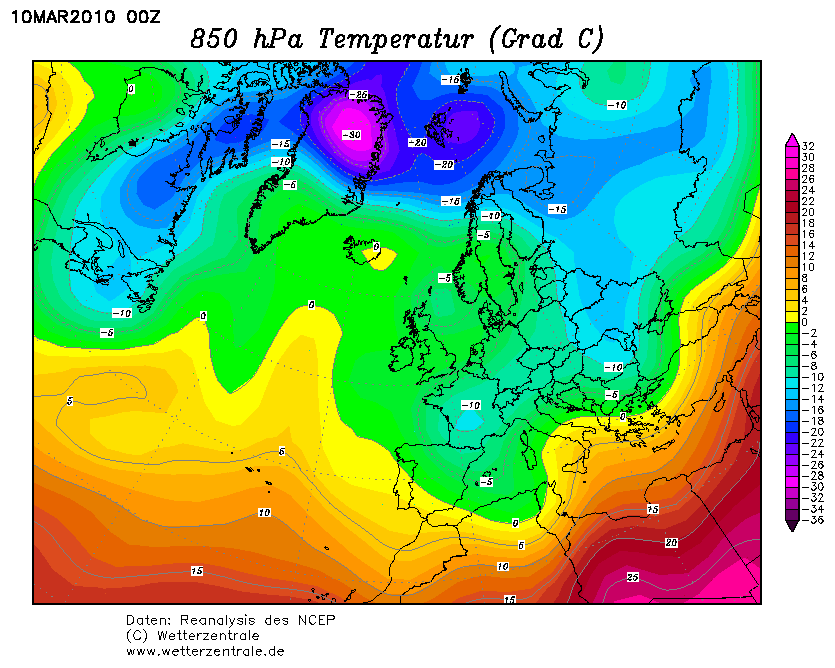 Analisi Temperatura 850 hpa del 10 Marzo 2010