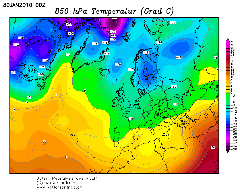 Analisi Temperatura 850 hpa del 30 Gennaio 2010