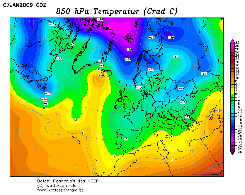 Analisi Temperatura 850 hpa del 7 Gennaio 2009
