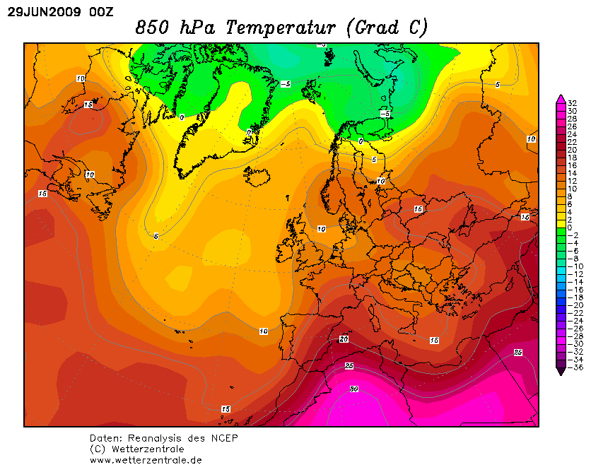 Analisi Temperatura 850 hpa del 29 Giugno 2009